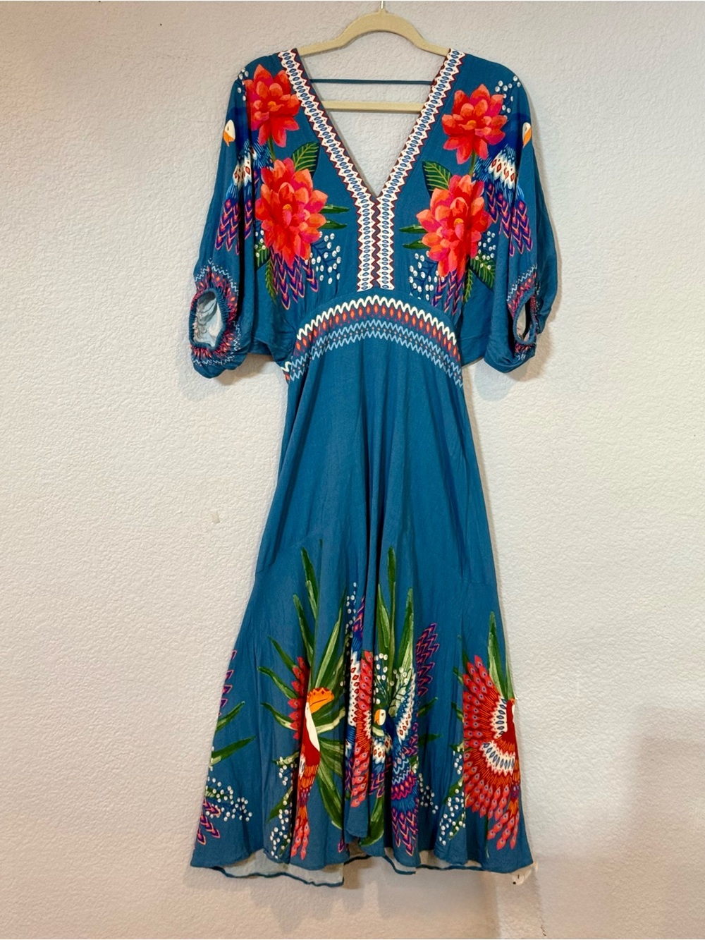 FARM Rio Teal Midi Dress with Colorful Floral Print